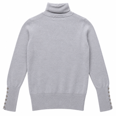 Light Heather Grey High Neck / Turtle Neck Fine Knit Sweater with Button Cuffs-W-155
