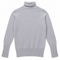 Light Heather Grey High Neck / Turtle Neck Fine Knit Sweater with Button Cuffs-W-155