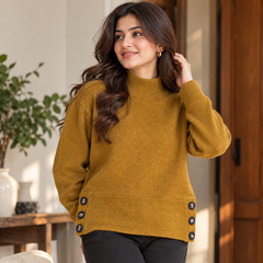 Mustard High Neck / Turtle Neck Sweater with Side Button Design - W-156