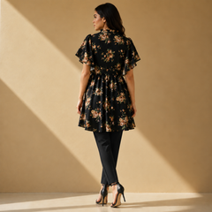 Floral Georgette Dress - Frill Neck Tie, Flutter Sleeves, Vintage Print- W -70