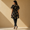Floral Georgette Dress - Frill Neck Tie, Flutter Sleeves, Vintage Print- W -70