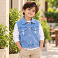 Light Wash Sleeveless Denim Vest - Ripped 2 Front Chest Pockets - K-207