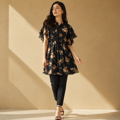 Floral Georgette Dress - Frill Neck Tie, Flutter Sleeves, Vintage Print- W -70