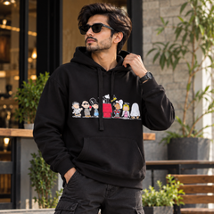 Black Cartoon Printed Hoodie - Peanuts Halloween Characters With Cangro Pocket -M-174