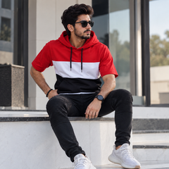 Unique 3-Panel hoodie Color Block - Red Top, White Middle, Blue Bottom - M-168