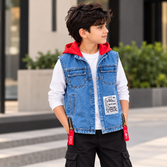 Denim Sleeveless Vest with Red Hoodie - Vetements Style Jacket - K-186