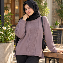Taupe Cable Knit Winter Sweater with Beaded Front Design - Full Sleeves - W -182