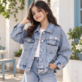 Kids Acid Wash Oversized Denim Jacket With Chest Embroidery - K-204