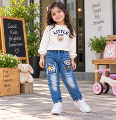 Patch Work Denim Jeans with Cartoon Embroidery With 2 Back Pocket - K-127