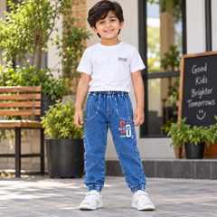 Jogger Style Denim Pant with 2 Back Pocket And Bold Print - K-123