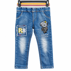 Patch Work Denim Jeans with Cartoon Embroidery With 2 Back Pocket - K-127