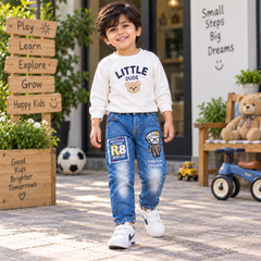 Patch Work Denim Jeans with Cartoon Embroidery With 2 Back Pocket - K-127