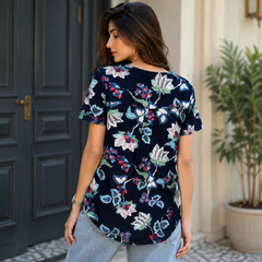 Short Sleeves Curved High Low Hem Top - W-27